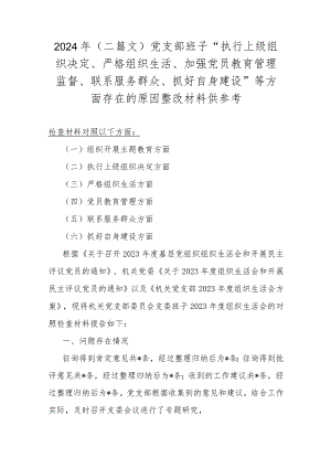 2024年（二篇文）党支部班子“执行上级组织决定、严格组织生活、加强党员教育管理监督、联系服务群众、抓好自身建设”等方面存在的原因整改材.docx