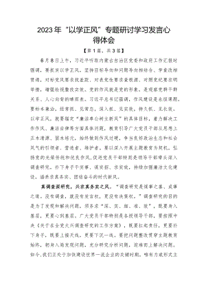 2023年“以学正风”专题研讨学习发言心得体会发言材料-3篇.docx