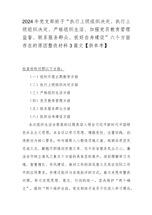 2024年党支部班子“执行上级组织决定、执行上级组织决定、严格组织生活、加强党员教育管理监督、联系服务群众、抓好自身建设”六个方面存.docx