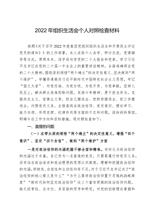 2022年组织生活会个人对照检查材料(精选).docx
