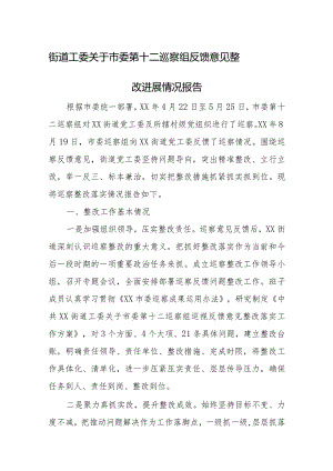 街道工委关于市委第十二巡察组反馈意见整改进展情况报告.docx