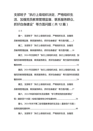 支部班子“执行上级组织决定、严格组织生活、加强党员教育管理监督、联系服务群众、抓好自身建设”等方面问题(精选12篇合集).docx