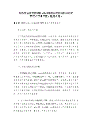组织生活会发言材料2023年批评与自我批评范文2023-2024年度(通用6篇).docx