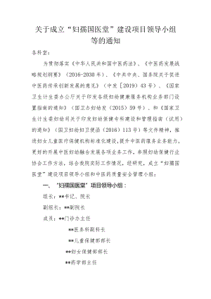 妇幼保健院关于成立“妇孺国医堂”建设项目领导小组及绩效考核方案.docx