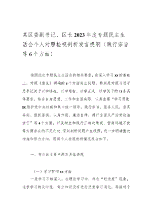 某区委副书记、区长2023年度专题民主生活会个人对照检视剖析发言提纲（践行宗旨等6个方面）.docx