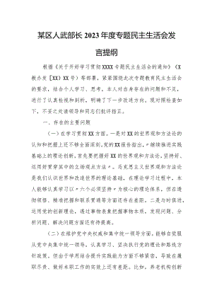 某区人武部长2023年度专题民主生活会发言提纲.docx