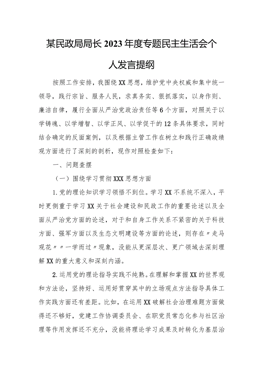 某民政局局长2023年度专题民主生活会个人发言提纲.docx_第1页
