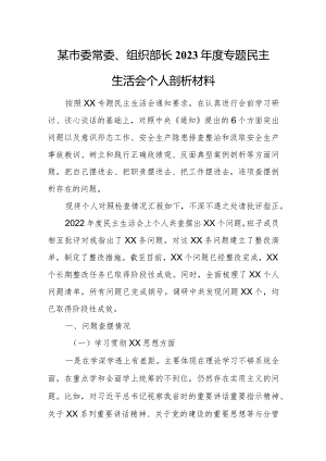 某市委常委、组织部长2023年度专题民主生活会个人剖析材料.docx
