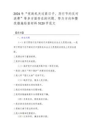 2024年“党政机关过紧日子、厉行节约反对浪费”等多方面存在的问题、努力方向和整改措施检查材料5120字范文.docx