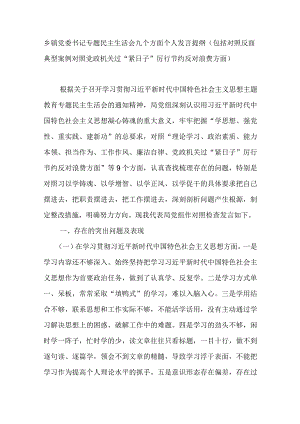 乡镇党委书记专题民主生活会九个方面个人发言提纲（包括对照反面典型案例对照党政机关过“紧日子”厉行节约反对浪费方面）.docx