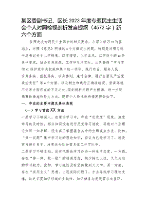 区长2023年主题教育民主生活会对照检查材料（践行宗旨等6个方面+政绩观+营商环境）.docx