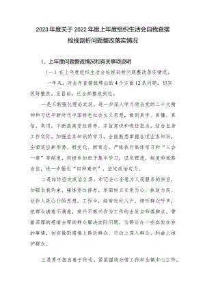 2023年度关于2022年度上年度组织生活会自我查摆检视剖析问题整改落实情况.docx