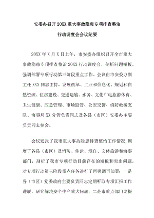 安委办召开20XX年重大事故隐患专项排查整治行动调度会会议纪要.docx