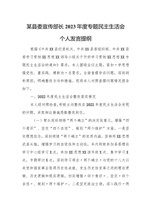 某县委宣传部长2023年度专题民主生活会个人发言提纲.docx
