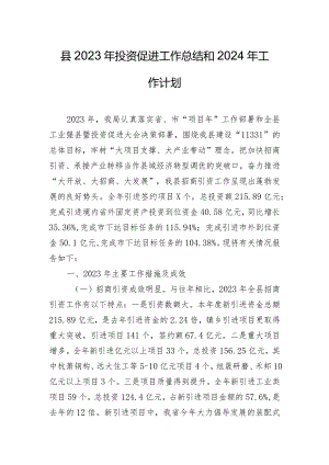 县2023年投资促进工作总结和2024年工作计划.docx