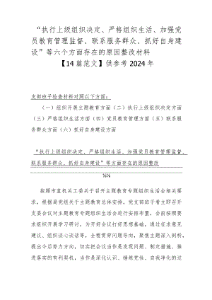 “执行上级组织决定、严格组织生活、加强党员教育管理监督、联系服务群众、抓好自身建设”等六个方面存在的原因整改材料【14篇范文】供参考2024年.docx