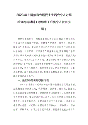 2023年主题教育专题民主生活会个人对照检查剖析材料（领导班子成员个人发言提纲）.docx