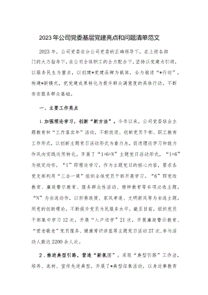 2023年公司党委基层党建亮点和问题清单范文.docx