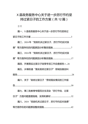 XX县政务服务中心关于进一步厉行节约坚持过紧日子的工作方案12篇（精编版）.docx