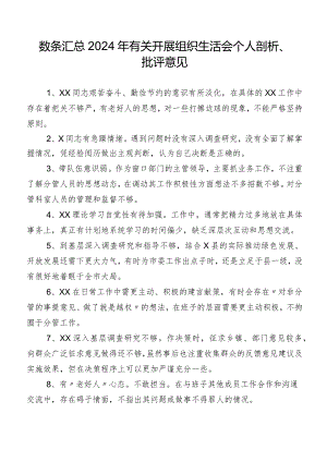 数条汇总2024年有关开展组织生活会个人剖析、批评意见.docx