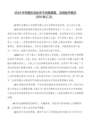 2024年专题生活会关于自我查摆、互相批评意见（200条）汇总.docx