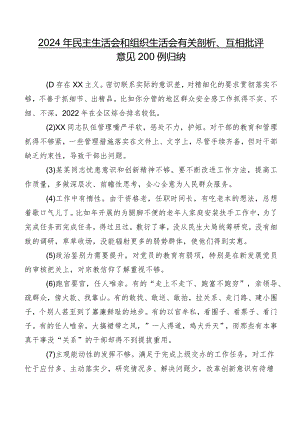 2024年民主生活会和组织生活会有关剖析、互相批评意见200例归纳.docx