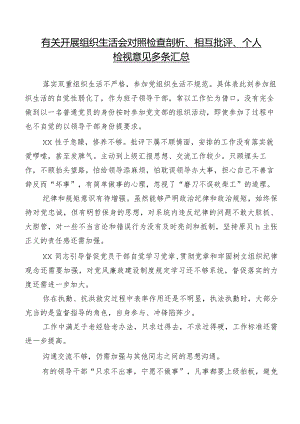 有关开展组织生活会对照检查剖析、相互批评、个人检视意见多条汇总.docx