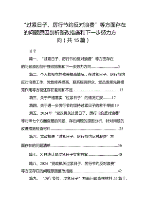 （15篇）“过紧日子、厉行节约反对浪费”等方面存在的问题原因剖析整改措施和下一步努力方向合集.docx