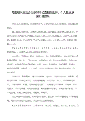 专题组织生活会组织对照检查相互批评、个人检视意见归纳数条.docx