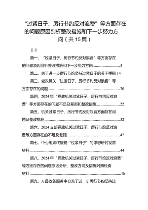 “过紧日子、厉行节约反对浪费”等方面存在的问题原因剖析整改措施和下一步努力方向【15篇精选】供参考.docx