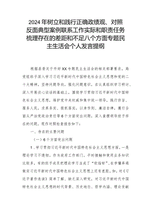 2024年树立和践行正确政绩观、对照反面典型案例联系工作实际和职责任务梳理存在的差距和不足八个方面专题民主生活会个人发言提纲.docx