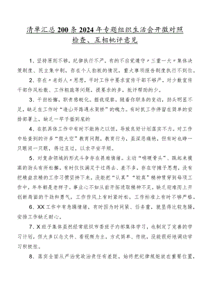 清单汇总200条2024年专题组织生活会开展对照检查、互相批评意见.docx