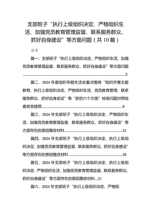 支部班子“执行上级组织决定、严格组织生活、加强党员教育管理监督、联系服务群众、抓好自身建设”等方面问题(精选10篇合集).docx