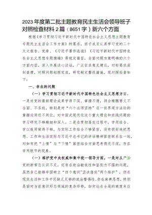 （班子）2023年度主题教育专题民主生活会对照检查材料2篇（践行宗旨等6个方面）.docx