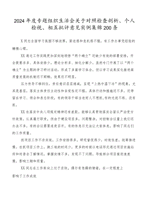 2024年度专题组织生活会关于对照检查剖析、个人检视、相互批评意见实例集锦200条.docx