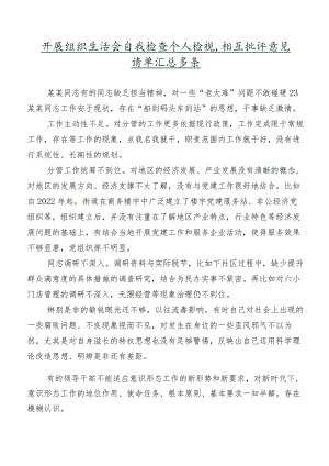 开展组织生活会自我检查个人检视、相互批评意见清单汇总多条.docx