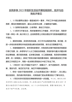 实例多条2023年组织生活会开展检视剖析、批评与自我批评意见.docx
