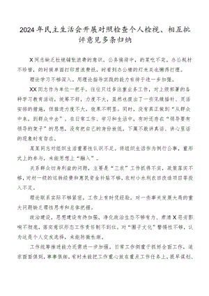 2024年民主生活会开展对照检查个人检视、相互批评意见多条归纳.docx