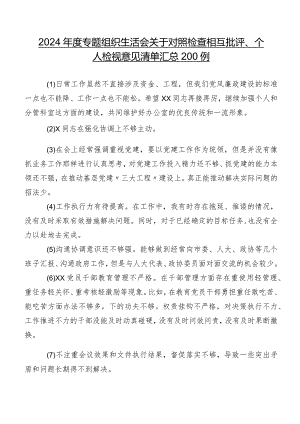 2024年度专题组织生活会关于对照检查相互批评、个人检视意见清单汇总200例.docx