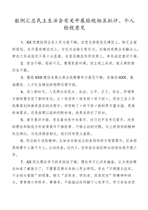 数例汇总民主生活会有关开展检视相互批评、个人检视意见.docx