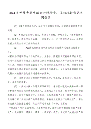 2024年开展专题生活会对照检查、互相批评意见实例数条.docx