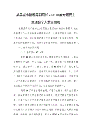 某县城市管理局副局长2023年度专题民主生活会个人发言提纲.docx