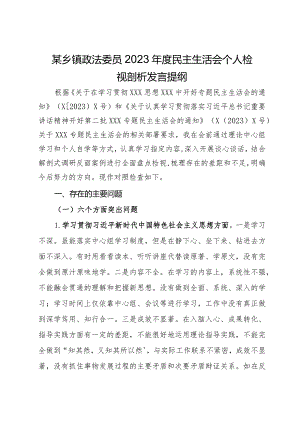 某乡镇政法委员2023年度民主生活会个人检视剖析发言提纲.docx