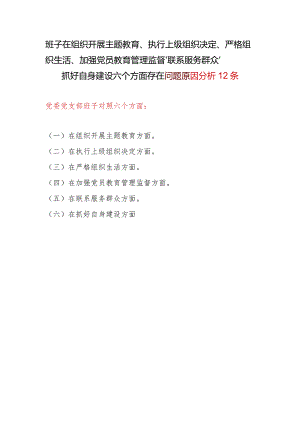 班子在组织开展教育、执行上级组织决定、严格组织生活、加强党员教育管理监督、联系服务群众、抓好自身建设六个方面存在问题原因分析12条.docx