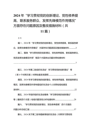 （11篇）2024年“学习贯彻党的创新理论、党性修养提高、联系服务群众、发挥先锋模范作用情况”方面存在问题原因及整改措施材料最新.docx