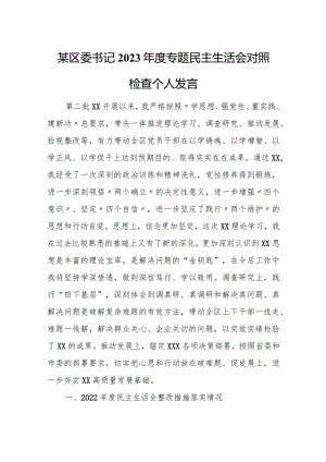 某区委书记2023年度专题民主生活会对照检查个人发言.docx