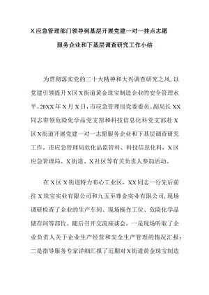 X应急管理部门领导到基层开展党建一对一挂点志愿服务企业和下基层调查研究工作小结.docx