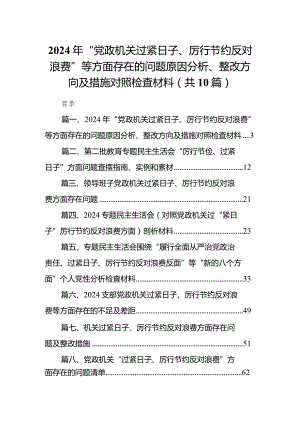 2024年“党政机关过紧日子、厉行节约反对浪费”等方面存在的问题原因分析、整改方向及措施对照检查材料（10篇）.docx