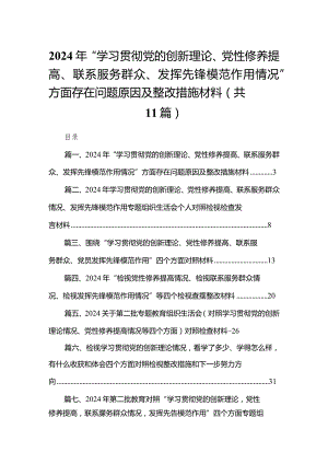（11篇）2024年“学习贯彻党的创新理论、党性修养提高、联系服务群众、发挥先锋模范作用情况”方面存在问题原因及整改措施材料合集.docx