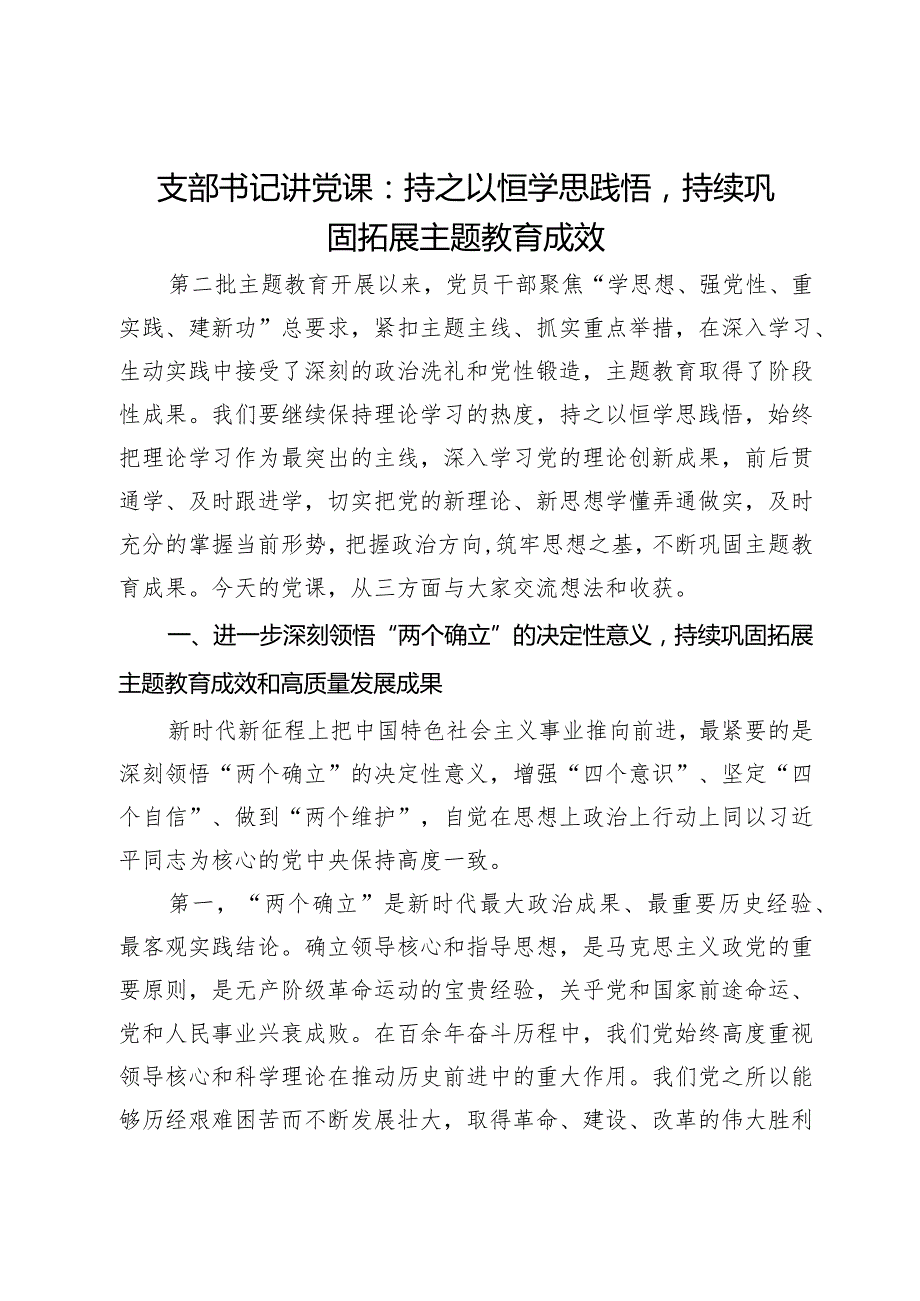 支部书记讲党课:持之以恒学思践悟持续巩固拓展主题教育成效.docx_第1页